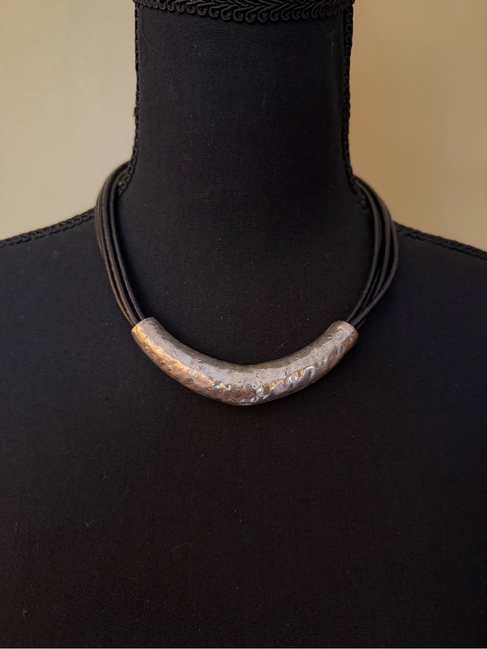 Handcrafted Silver-Tone Curved Tube Necklace with Black Cord - Picture 2 of 3